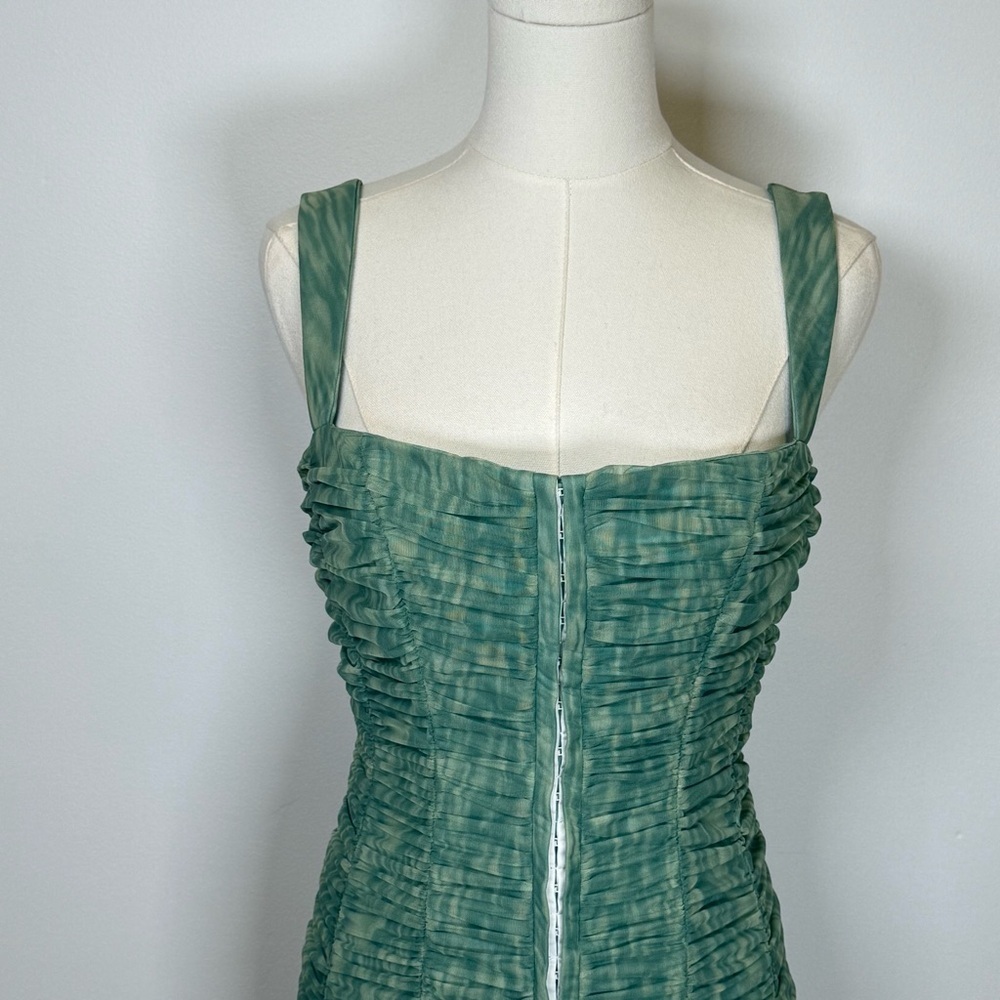 New! Fashion Nova ‘Marlie’ Mesh Green Ruched Mini Dress Women’s Size Medium - Picture 5 of 15